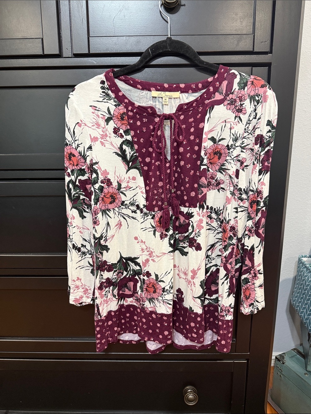 Floral Tie-Neck Peasant Top in Burgundy and White